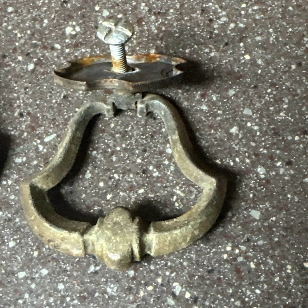 Set 3 VTG Antique Brass Drop Bail Drawer Pulls w Backplates 2.25
